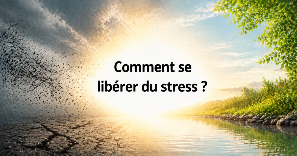 Illustration représentant le passage du stress au calme avec un paysage sombre transformé en environnement lumineux et apaisant