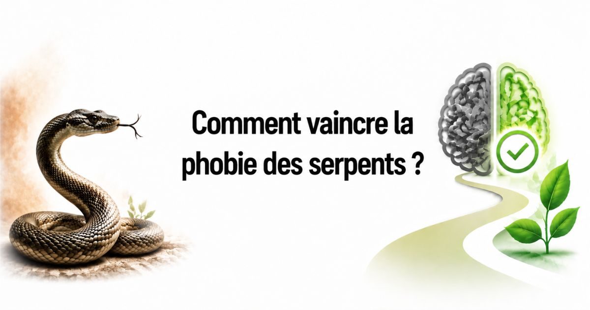 Illustration montrant comment vaincre la phobie des serpents avec un serpent, un cerveau et un chemin symbolisant la gestion de la peur