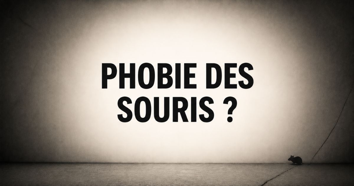Illustration représentant la phobie des souris avec une souris sombre et le texte phobie des souris