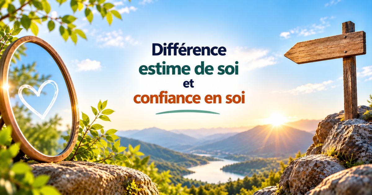 Différence estime de soi et confiance en soi illustrée par un miroir et un chemin vers un objectif