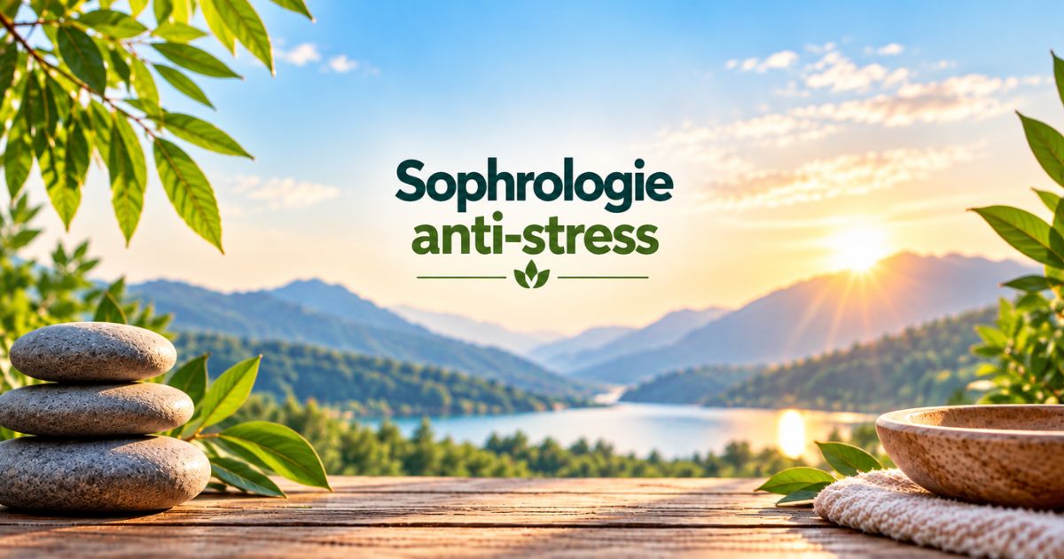 Sophrologie anti-stress : paysage apaisant au lever du soleil avec pierres zen, lac et montagnes.