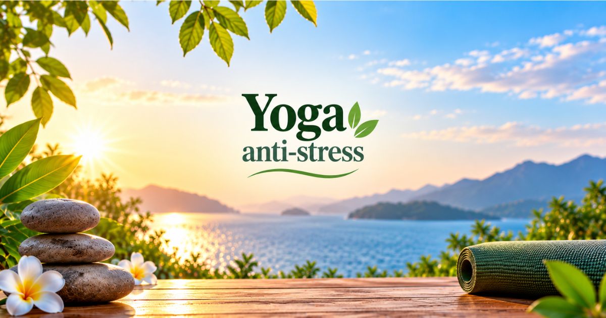 Yoga anti-stress : tapis de yoga et pierres zen au bord d'un lac dans un paysage apaisant.