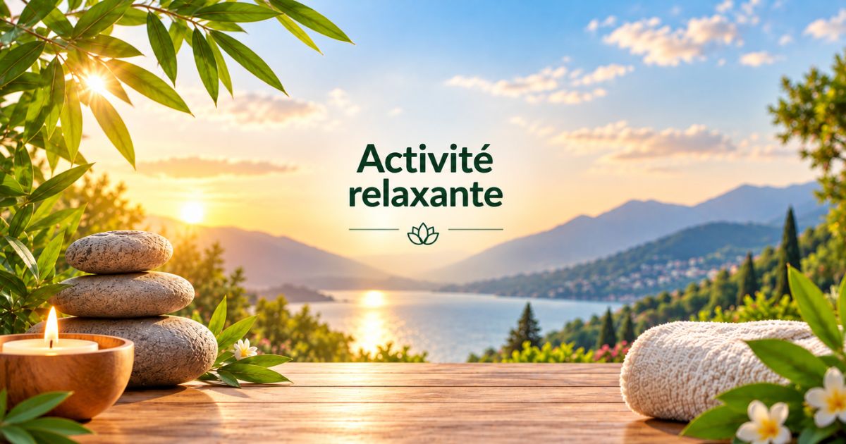 Paysage apaisant au bord d'un lac au coucher du soleil, avec pierres zen, bougie et serviette, illustrant une activité relaxante.