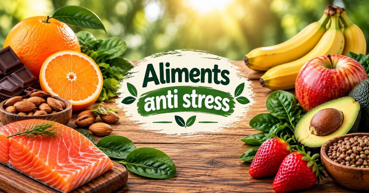 Aliments anti stress : saumon, amandes, chocolat noir, agrumes, bananes, avocat et fraises pour une alimentation équilibrée.
