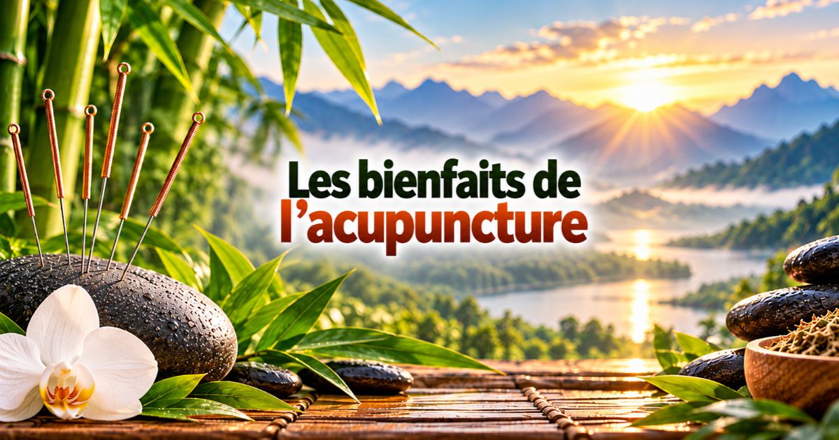 Aiguilles d’acupuncture sur une pierre zen, avec bambous et orchidée devant un paysage montagneux au lever du soleil.