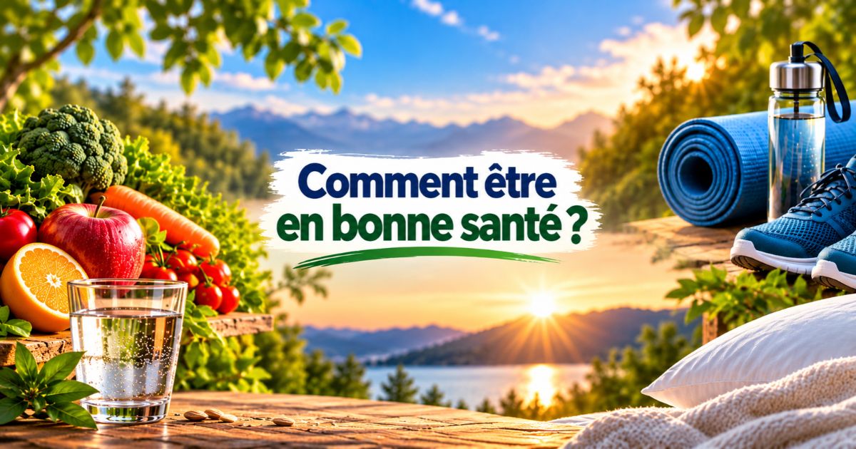 Comment être en bonne santé : alimentation équilibrée, hydratation, sport et sommeil illustrés autour d'un paysage naturel.