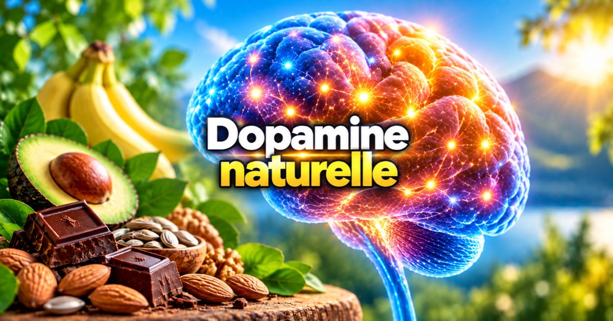 Dopamine naturelle : cerveau lumineux entouré de bananes, avocat, amandes et chocolat noir.