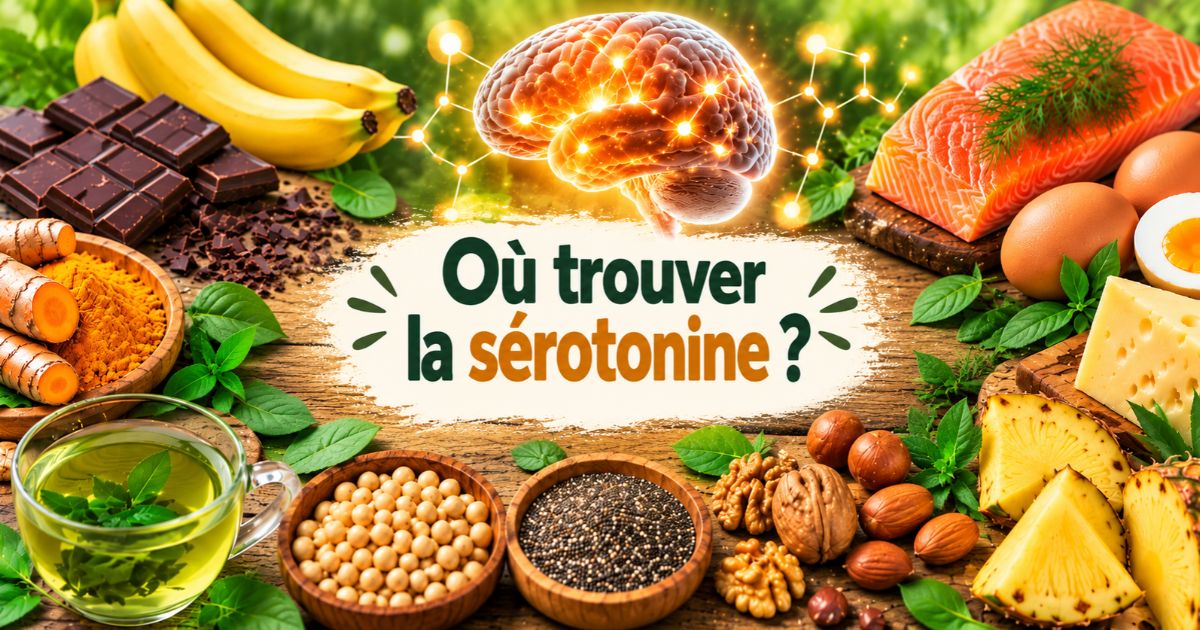 Où trouver la sérotonine ? Illustration d'un cerveau entouré de saumon, bananes, œufs, chocolat noir et noix.