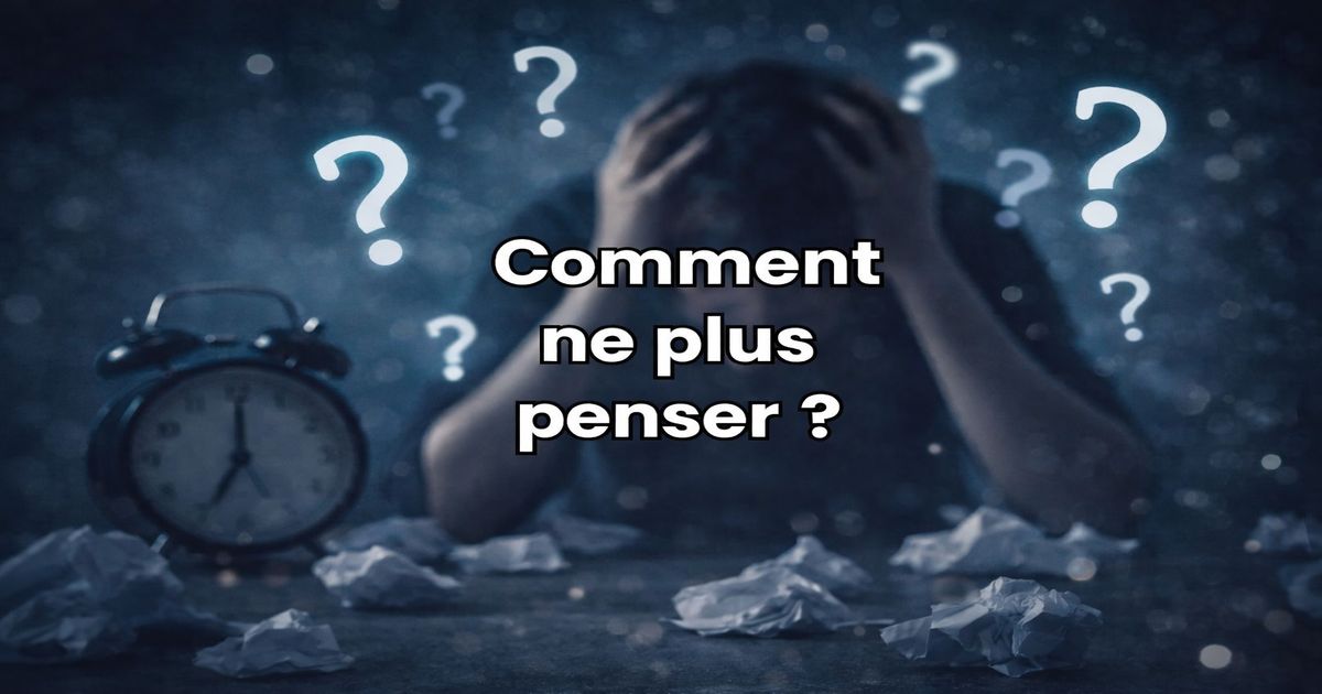 Personne submergée par ses pensées avec des points d’interrogation illustrant la surcharge mentale et la difficulté à arrêter de penser