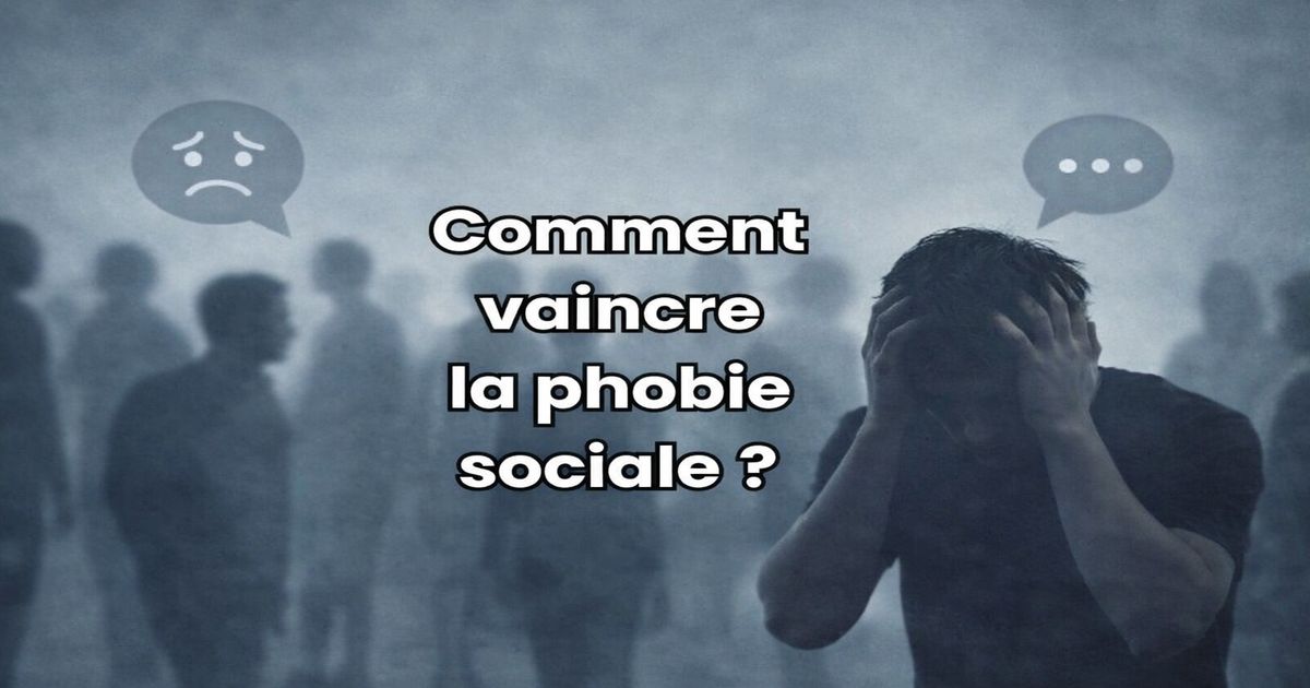 Illustration représentant une personne souffrant de phobie sociale entourée d’un groupe, avec le texte “Comment vaincre la phobie sociale ?”
