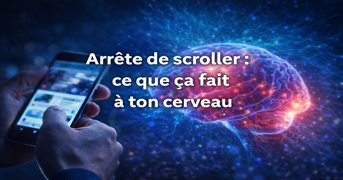 Illustration d’un smartphone et d’un cerveau montrant les effets du scroll excessif sur le cerveau, la concentration et la santé mentale.