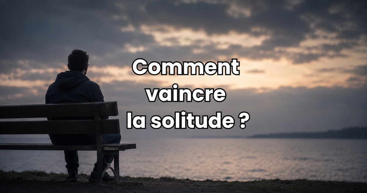Personne seule assise sur un banc face à un lac avec le texte Comment vaincre la solitude