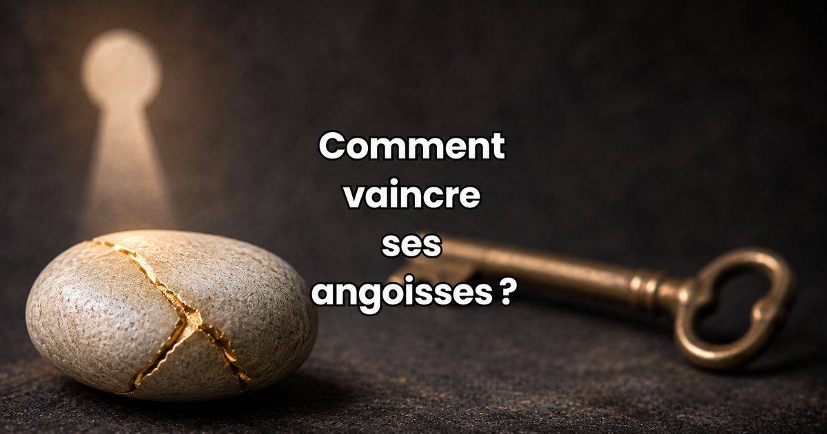 Illustration représentant une pierre fissurée réparée avec de l’or et une clé symbolisant comment vaincre ses angoisses naturellement