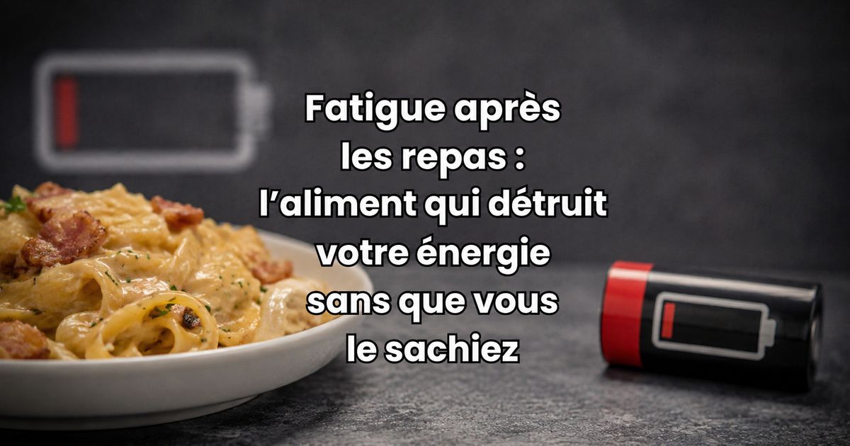 Illustration d’un repas lourd avec batterie faible représentant la fatigue après les repas et la baisse d’énergie liée à l’alimentation.