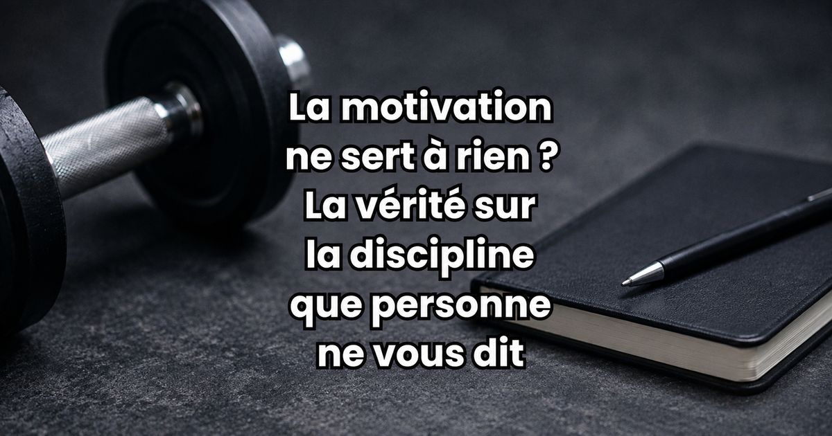 Illustration sur la discipline et la motivation avec haltère, carnet et citation inspirante sur fond sombre