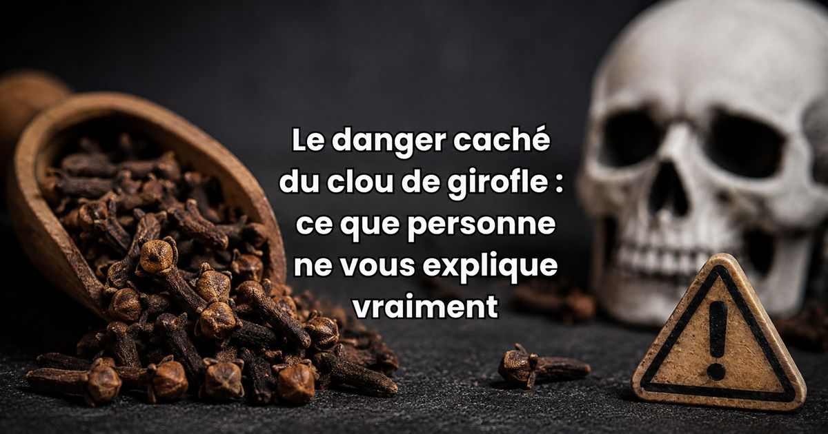 Le danger caché du clou de girofle avec des clous de girofle, un crâne et un symbole d’avertissement
