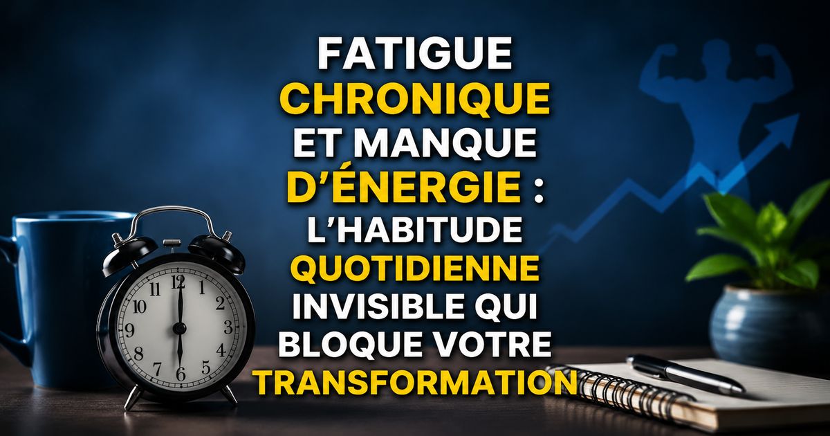 Image illustrant la fatigue chronique et le manque d’énergie avec un message sur l’habitude quotidienne invisible qui empêche la transformation du corps et de l’énergie.