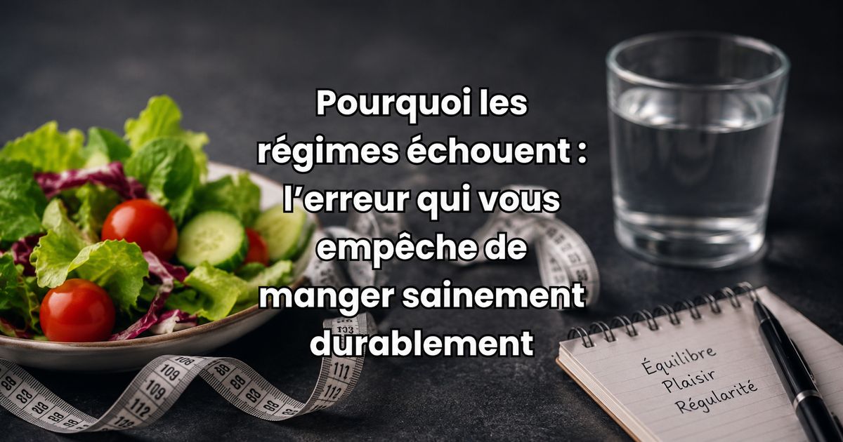 Pourquoi les régimes échouent : illustration représentant une alimentation équilibrée avec salade, eau et mètre de mesure pour comprendre pourquoi les régimes restrictifs ne fonctionnent pas durablement.