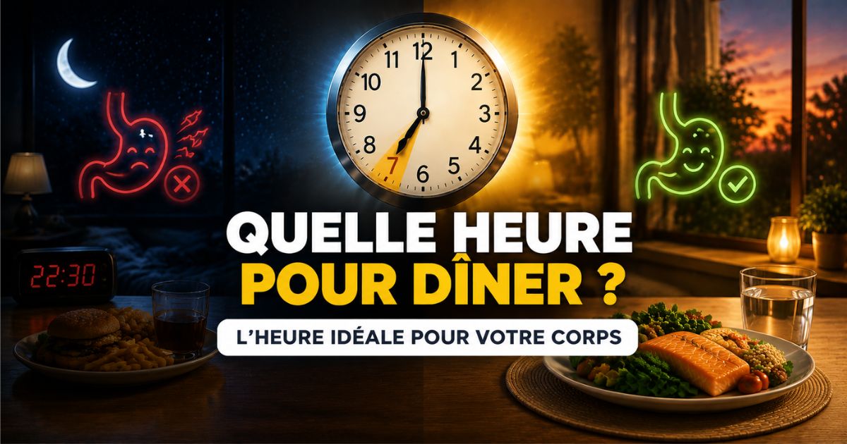 Horloge indiquant l’heure idéale pour dîner le soir avec un repas sain favorisant la digestion et le sommeil