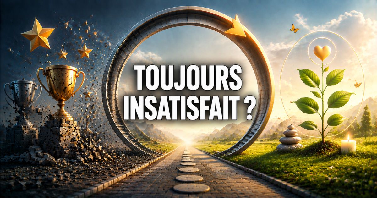 Illustration symbolique représentant l’insatisfaction permanente du cerveau avec une boucle mentale, des objectifs éphémères et un chemin vers la satisfaction intérieure