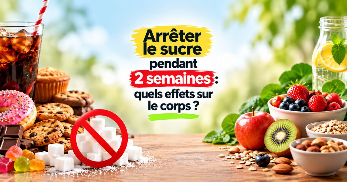 Image illustrant l'arrêt du sucre pendant 2 semaines, avec des produits sucrés à gauche et des aliments sains à droite.