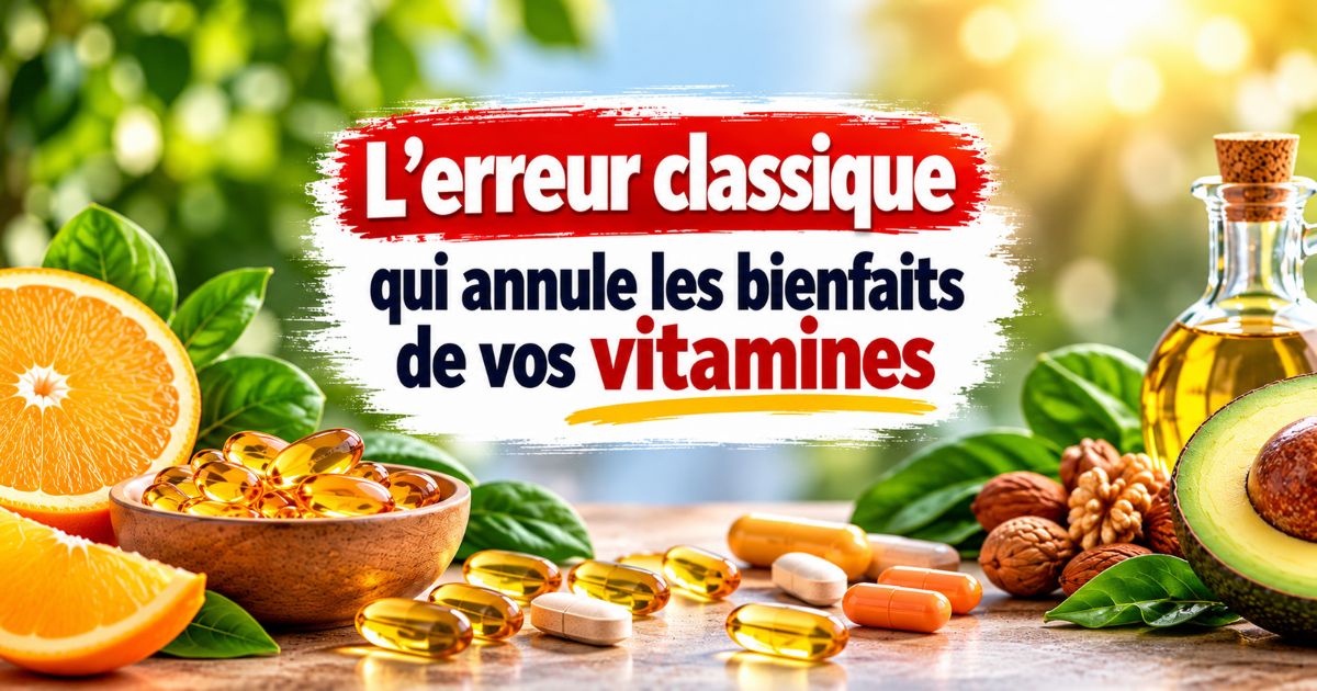Image illustrant comment prendre ses vitamines, avec des compléments alimentaires, une orange, un avocat et des aliments riches en bonnes graisses.