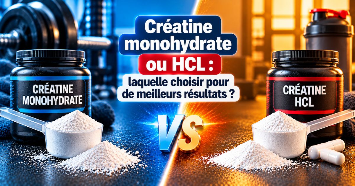 Comparaison de la créatine monohydrate et de la créatine HCL, avec deux pots de compléments alimentaires, des dosettes de poudre et un VS central.